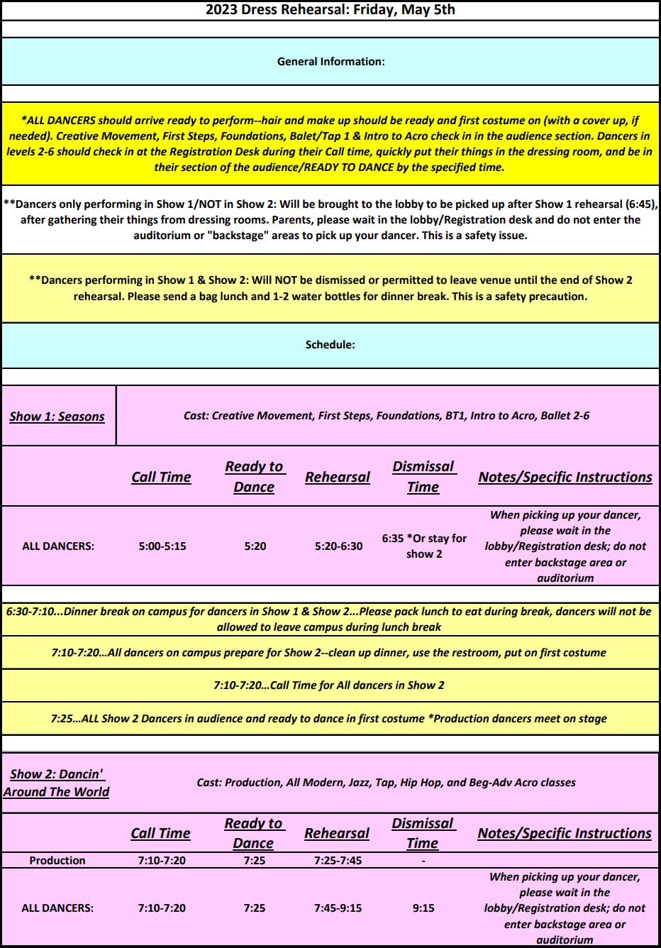 Dress Reh Schedule 2023