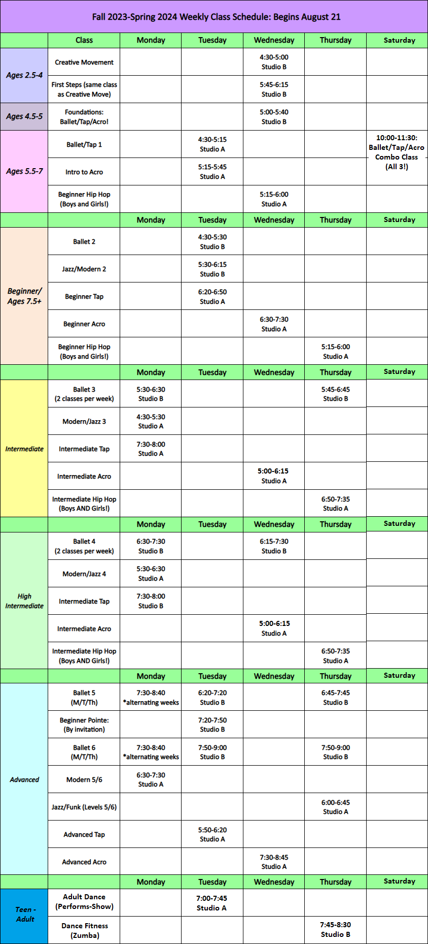 Fall 23-Spring 24 Class Schedules